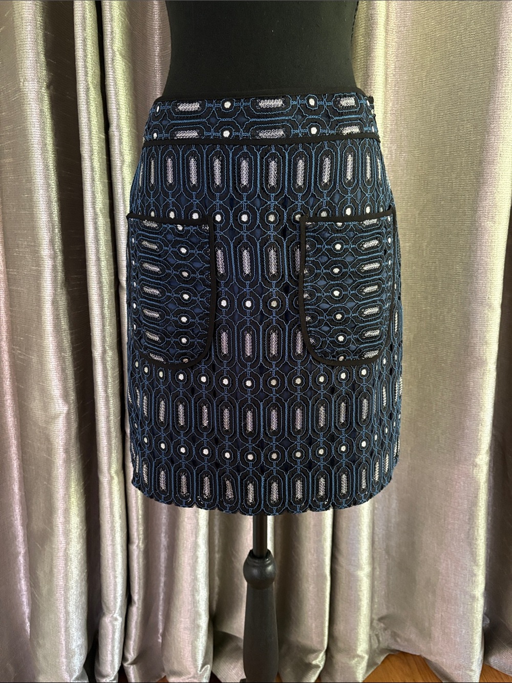 LOFT Navy Geometric Mini Skirt with Front Patch Pockets